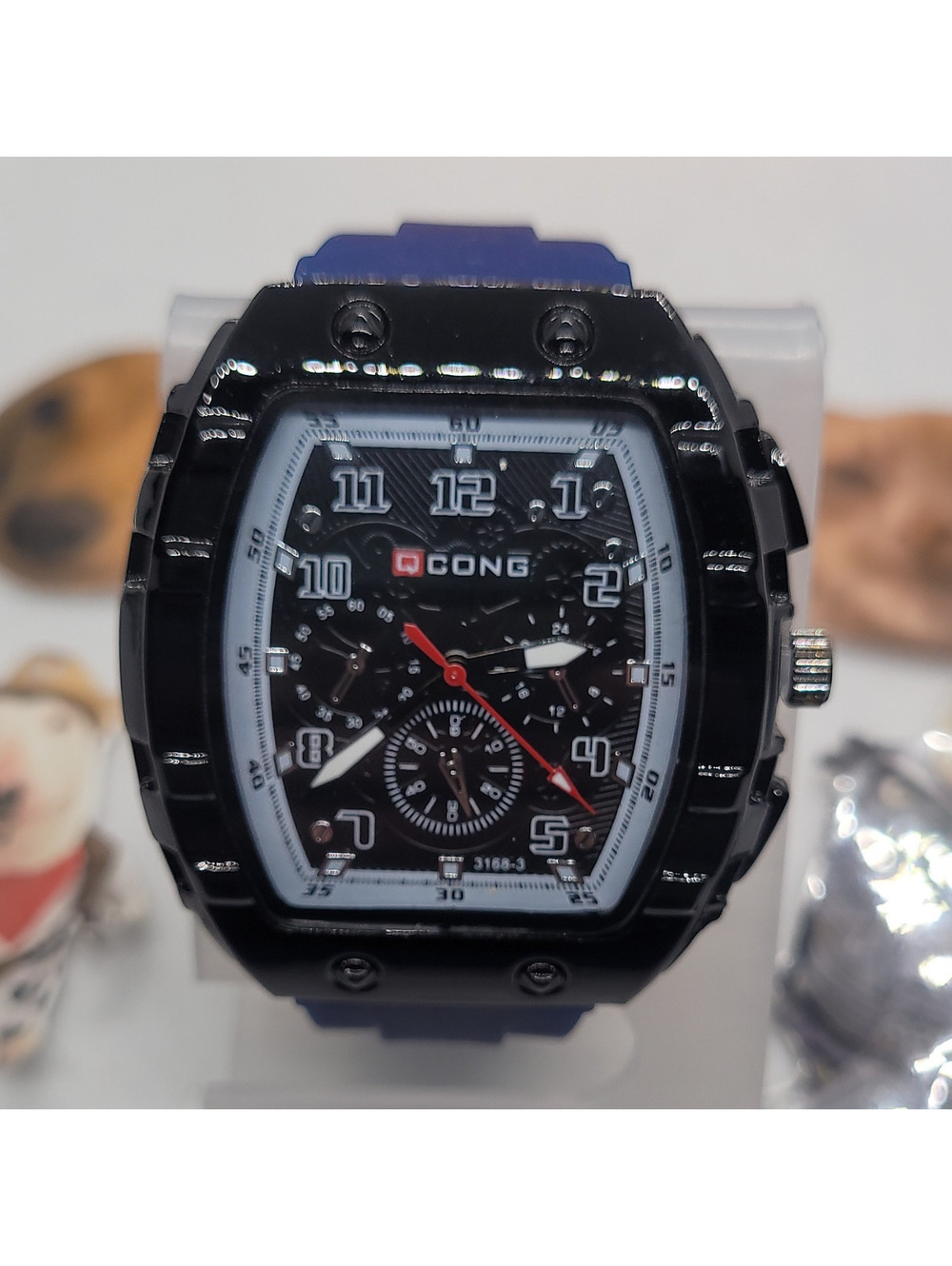 483 CONG Men's Sport Chronograph Quartz Tonneau Black Dial Blue Rubber Strap